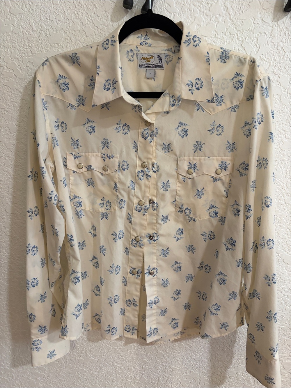 Panhandle Slim Cream Button-Down Shirt with Blue Floral Print